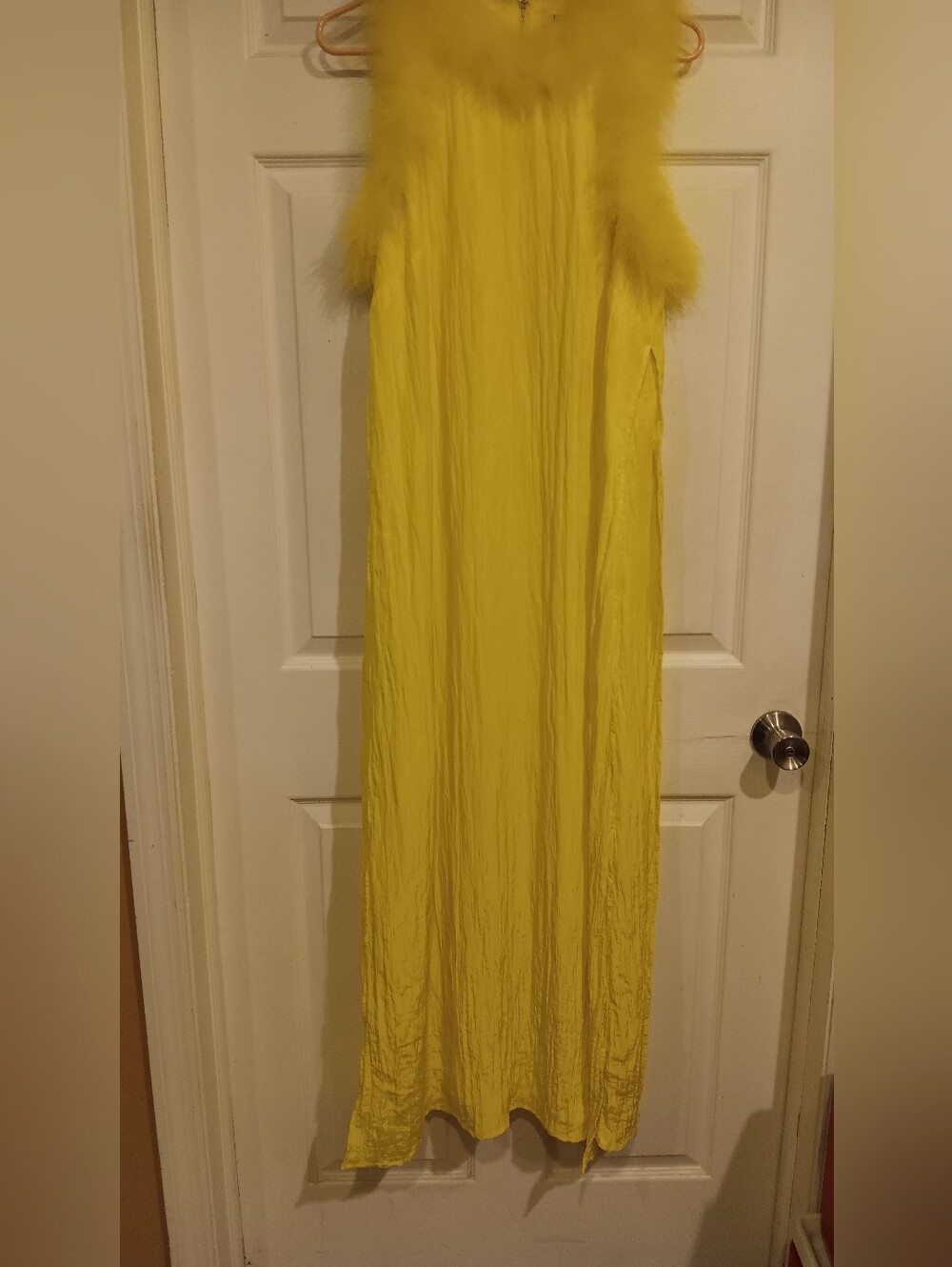 DKNY Yellow Maxi Dress with Fur Trim